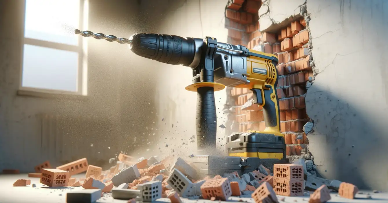 DALL·E-2024-03-20-14.59.40-A-professional-and-realistic-3D-illustration-of-a-martelete-hammer-drill-positioned-next-to-a-partially-demolished-wall-showing-pieces-of-brick-and