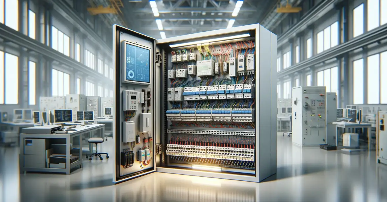 DALL·E-2024-03-21-10.43.09-A-professional-and-realistic-horizontal-image-of-an-advanced-electrical-control-panel-known-as-a-robot-frame-or-smart-distribution-board-in-a-modern